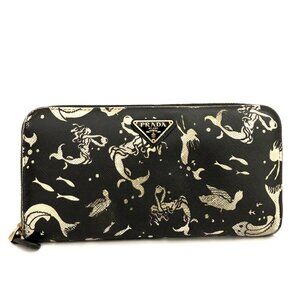 PRADA Logo Plate Mermaid Pattern Saffiano Leather Zippy Long Wallet/6BF0200